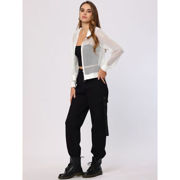 Hoodie Jacket Zip Up Long Sleeve Mesh Sheer Bomber Jackets White - Picture 4 of 6